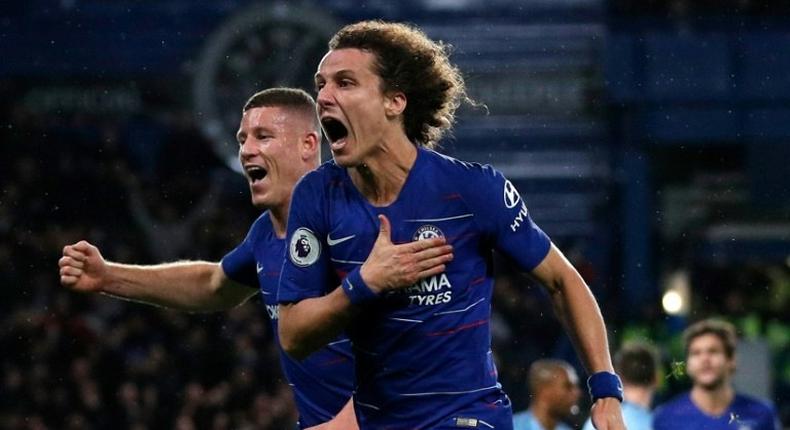 Chelsea's David Luiz celebrates scoring his side's second goal in a shock 2-0 win over Manchester City