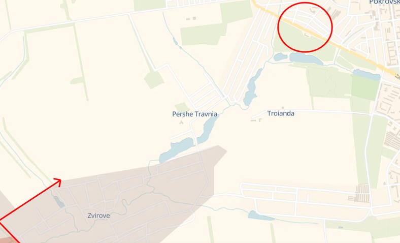 Pokrowsk - miejsce gdzie przeprowadzono atak zaznaczono czerwonym kołem. To miejsce znajduje się ponad 3 kilometry od 