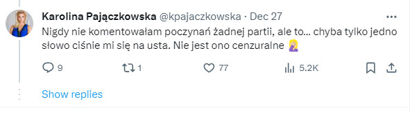 Wpis Karoliny Pajączkowskiej na portalu X