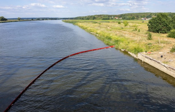 Krajnik Dolny (woj. zachodniopomorskie), 12.08.2022. Specjalna zapora na rzece Odrze