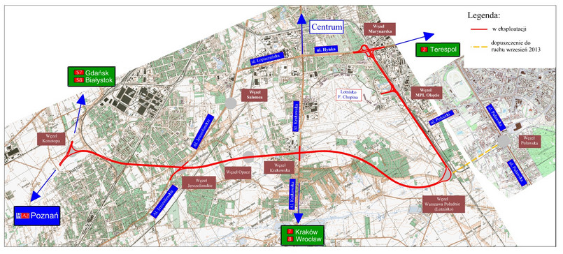 Mapa Południowej Obwodnicy Warszawy - źródło: GDDKiA