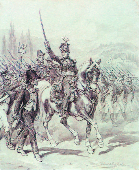 Generał Jan Henryk Dąbrowski na czele Legionów Polskich, ilustracja Juliusza Kossaka do refrenu Pieśni Legionów Polskich we Włoszech.