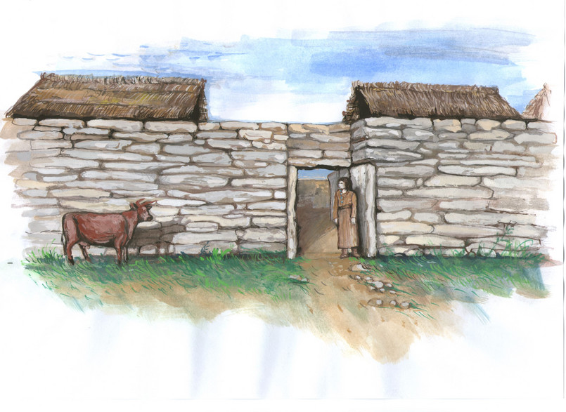 Wizualizacja wyglądu osady na Górze Zyndrama, ok. 1750-1700 r. p.n.e. (reprodukcja ze zbiorów M. Przybyły)
