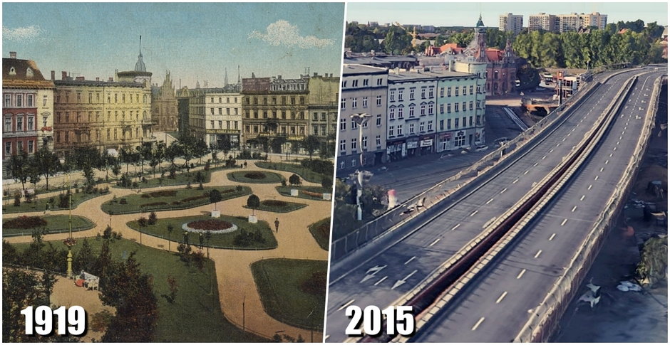 W latach 70. chorzowski Rynek przecięła estakada. Tak bezpowrotnie zniszczono dawne serce miasta