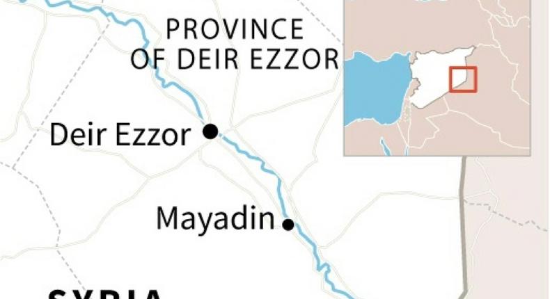 Map locating Mayadin in eastern Syria, near where overnight strikes on positions held by Iranian-backed militias and their allies killed 14 fighters