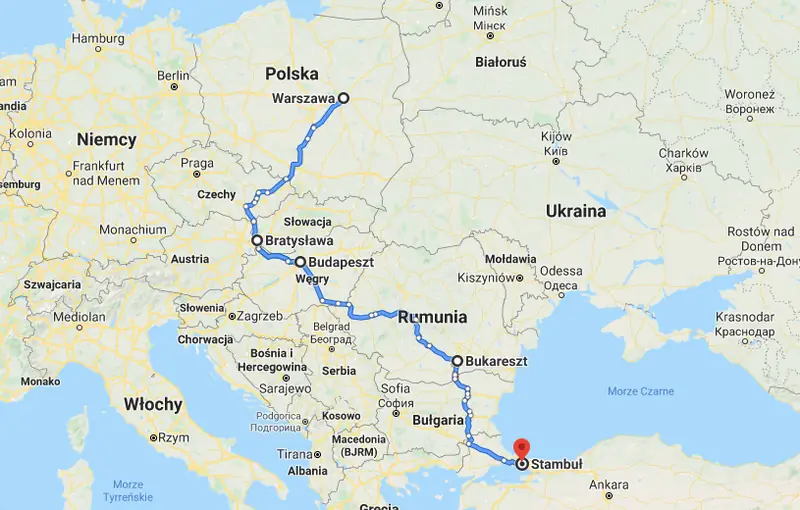 Warszawa -&gt; Budapeszt -&gt; Bukareszt -&gt; Stambuł (ok. 2350 km)