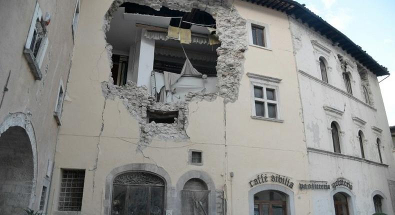 A building in the village of Visso, central Italy, is damaged following twin earthquakes on October 26, 2016