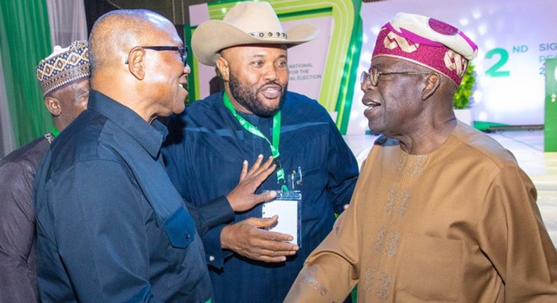 L-R: Presidential candidates of Labour Party (LP), Peter Obi; Zenith Labour Party (ZLP), Dan Nwanyanwu; and All Progressives' Congress (APC), Bola Tinubu [Twitter/@MrJAGs]