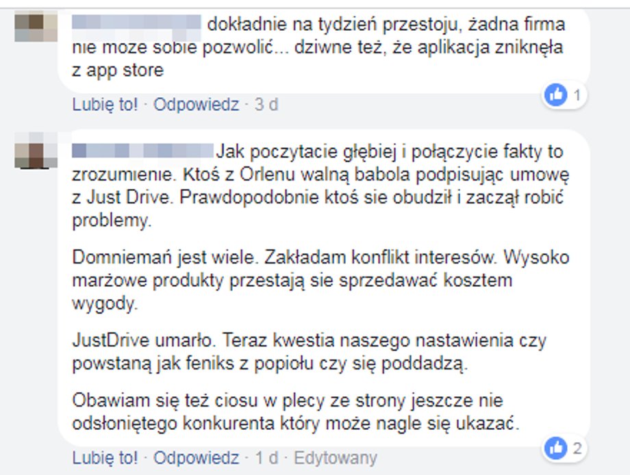 Komentarze na stronie Facebookowej JustDrive