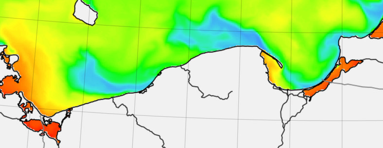 Temperatura wody w Morzu Bałtyckim we wtorek wieczorem na podstawie danych udostępnionych przez system SatBałtyk