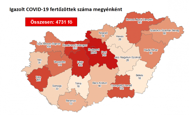 A fertőzöttek megoszlása megyénként / Fotó: koronavirus.gov.hu