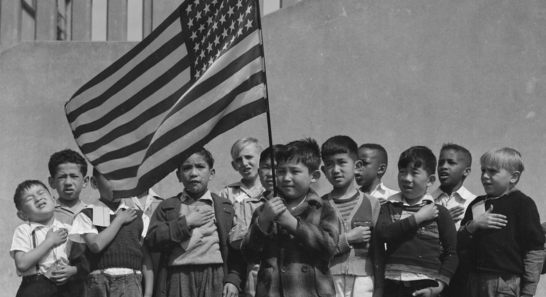 Children in families of Japanese ancestry were evacuated with their parents and housed at internment camps.Dorothea Lange/Records of the War Relocation Authority