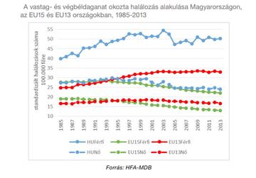 A vastag- és végbélrákban elhunytak száma évről évre növekszik. (kék)