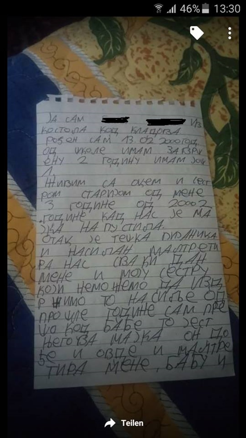 Dečak je pismo objavio na svom Fejsbuk profilu