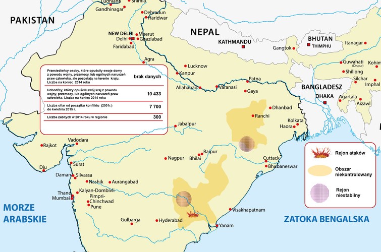 Według byłego premiera Indii, Manmohana Singh, zwalczenie maoistowskich rebeliantów było jego największym wewnętrznym wyzwaniem dla bezpieczeństwa państwa.<br> 
Od 2004 roku, gdy dwie grupy rebelianckie połączyły się tworząc jedną podziemną organizację polityczną,  Komunistyczną Partię Indii, fala przemocy nasiliła się. <br>
Bazą ideologiczną rebelianckiej organizacji jest 'marksizm-leninizm-maoizm'. Grupa ma na celu zbrojne obalenie rządu i uwolnienie ludności w Indiach od 'ucisku społecznego.' Maoiści organizują zamachy na urzędników państwowych, polityków lokalnych i policjantów. W stanie Chhattisgarh grupy rebelianckie wielokrotnie organizowały udane zasadzki na państwowe siły bezpieczeństwa. Tylko w 2014 r. w wyniku działań zbrojnych na terenie Indii śmierć poniosło 300 osób, a w konflikcie trwającym od 2001 r. zginęło około 7,7 tys. osób.