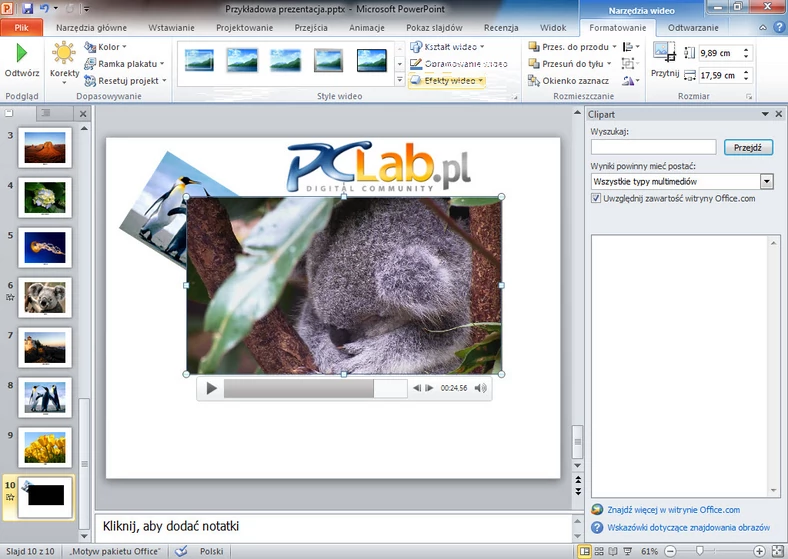 MS PowerPoint 2010 – nowa karta z opcjami formatowania wideo (kliknij, aby powiększyć)