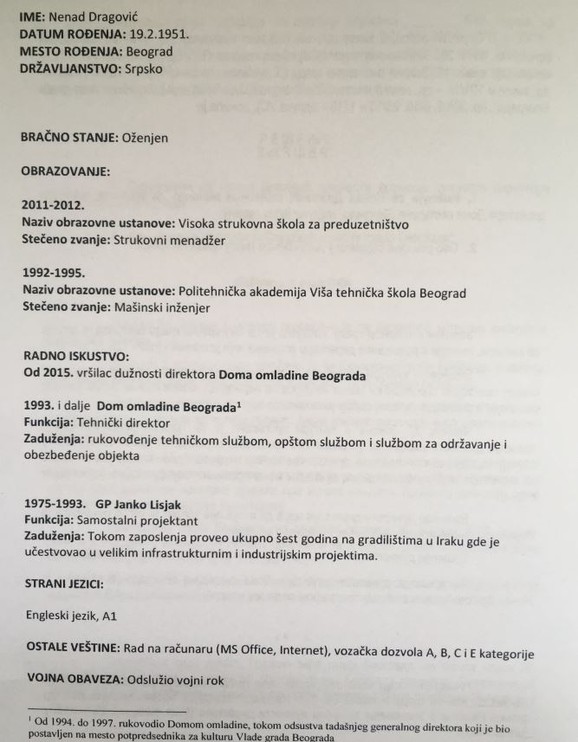 Biografija Nenada Dragovića u matarijalju za sednicu Skupštine Grada Beograda