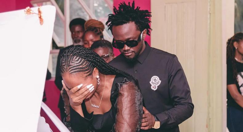 Diana Marua sheds tears as she views the body of her late grandmother 