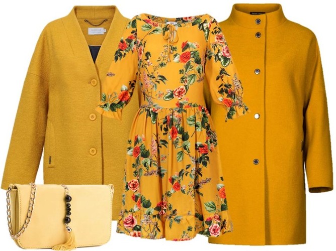 Modne STYLIZACJE w kolorach jesieni: płaszcz na guziki- Cotton Club/cottonclub.pl, sukienka- Midori Feminine Fashion/midori.pl, płaszcz na zatrzaski- Dziekański/dziekanski.pl, torebka- Menbur/menbur.pl