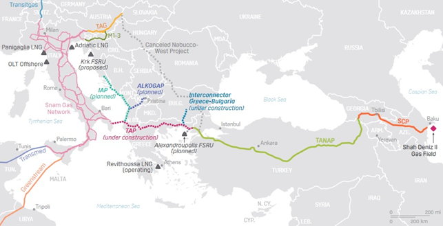 Mapa: Przebieg rurociągu transanatolijskim, z wyszczególnionym odcinkiem TAP(*mapa opisuje TAP w dalszym ciągu jako podczas konstrukcji)  Źródło: pipelinesnews.com