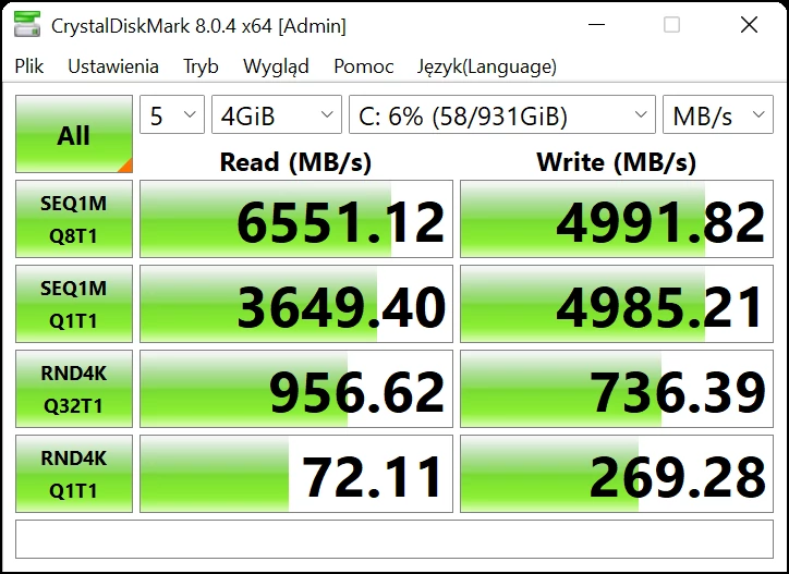 Asus ROG Strix SCAR 15 (G533ZW) – CrystalDiskMark 8 – szybkość nośnika SSD