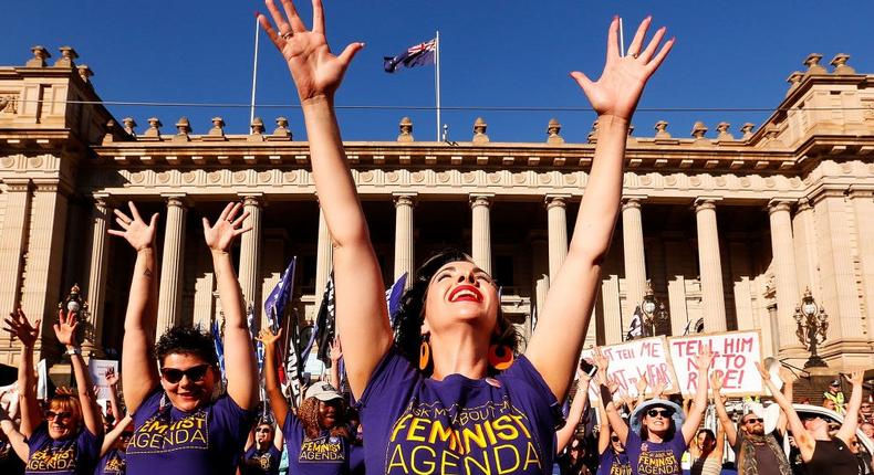 Thousands of demonstrators attend a Rally for International Women's Day on March 8, 2017 in Melbourne, Australia.