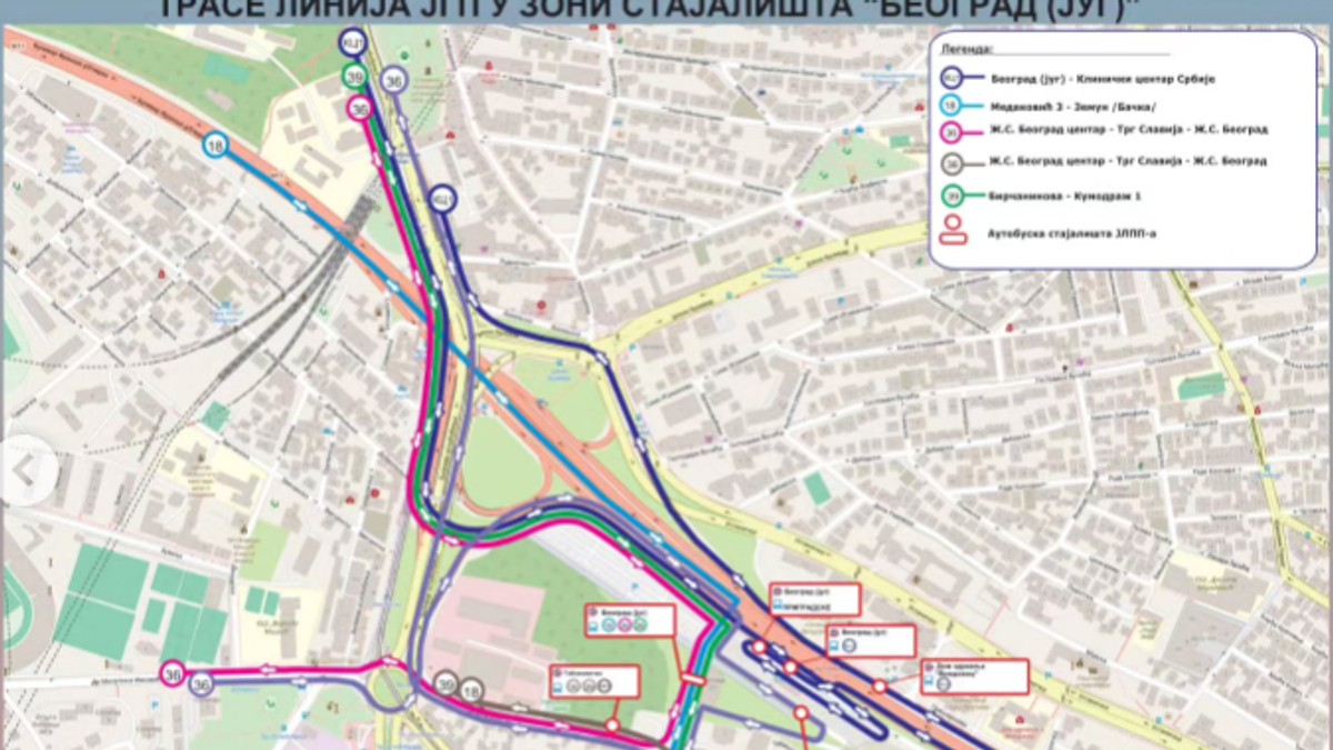 Mapa linija JGP na stajalištu Beograd Jug