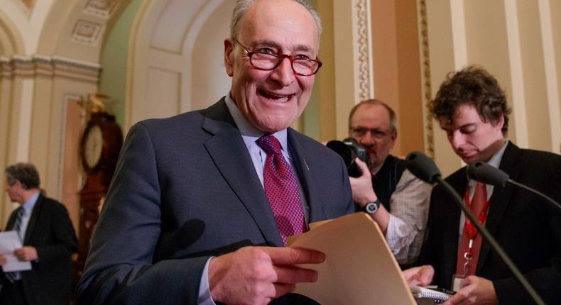 Senate Minority Leader Chuck Schumer of N.Y. arrives to speak with reporters about his opposition to Supreme Court nominee Neil Gorsuch, Tuesday, March 21, 2107, on Capitol Hill in Washington.