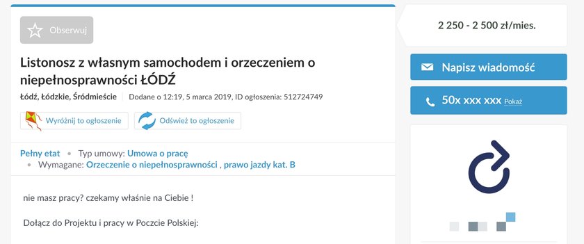 oferta pracy, listonosz