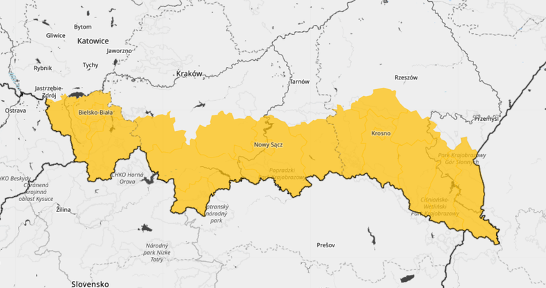 Ostrzeżenia przed silnym wiatrem obejmują południowe powiaty woj. śląskiego, małopolskiego i podkarpackiego