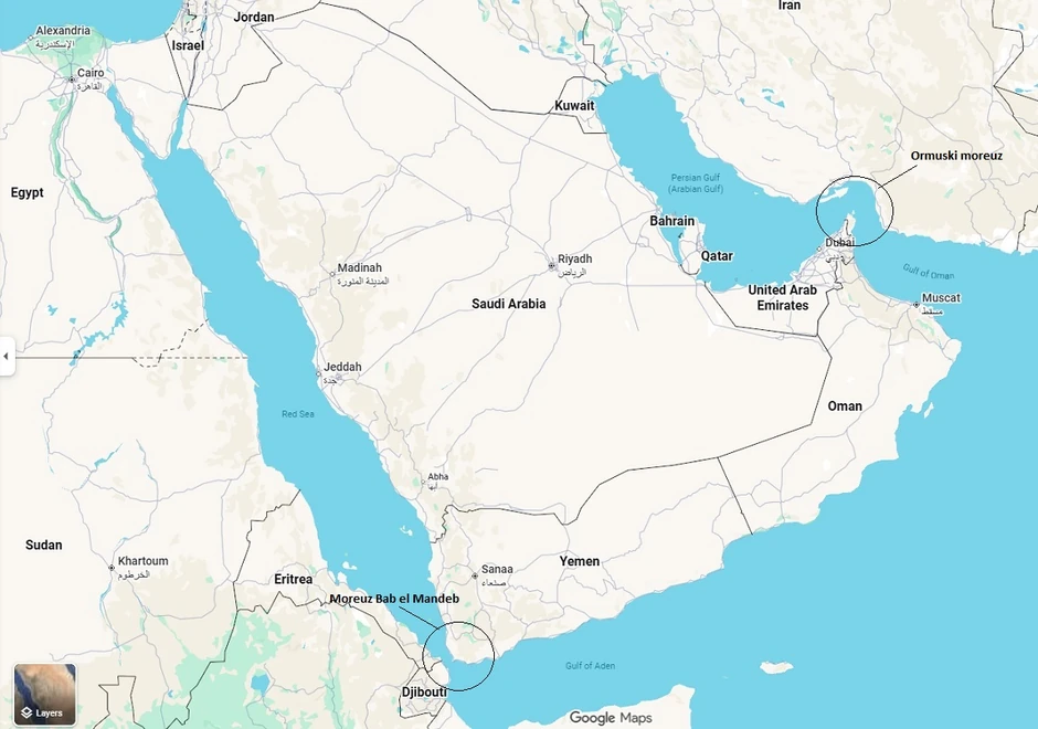 Crveno more, Ormuski i moreuz Bab el Mandeb, Jemen, Saudijska Arabija i Iran na mapi