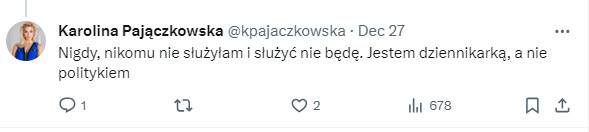 Wpis Karoliny Pajączkowskiej na portalu X