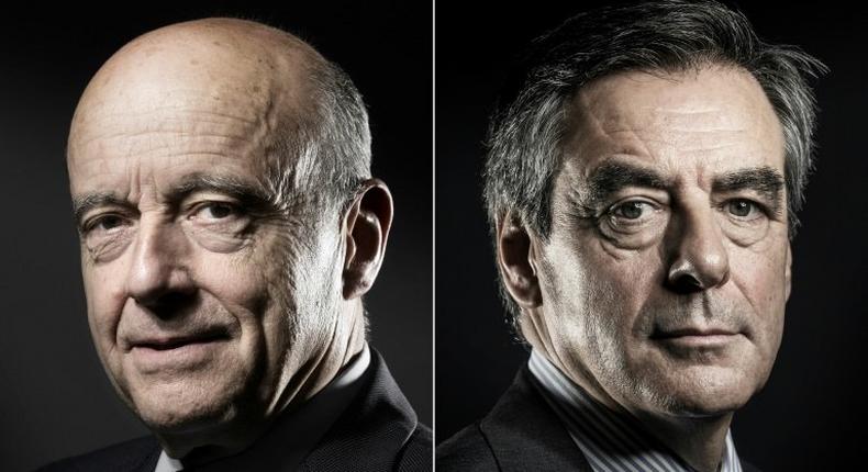 Former French prime ministers Alain Juppe (left) and Francois Fillon