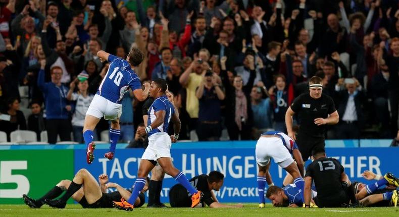 Rugby Union - New Zealand v Namibia - IRB Rugby World Cup 2015 Pool C - Olympic Stadium, London, England - 24/9/15
Johan Deysel Jnr scores the first try for Namibia
Reuters / Eddie Keogh
Livepic