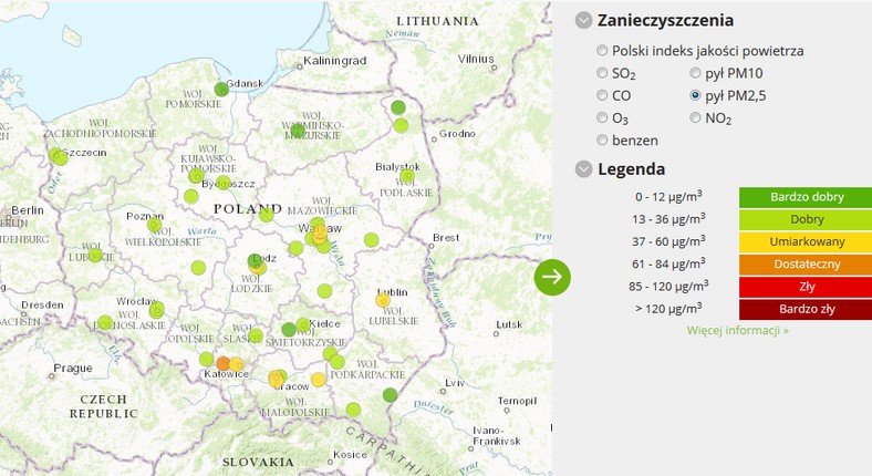 Stężenie pyłu PM2,5 - 2017-04-09 od godziny 9:00 do 10:00