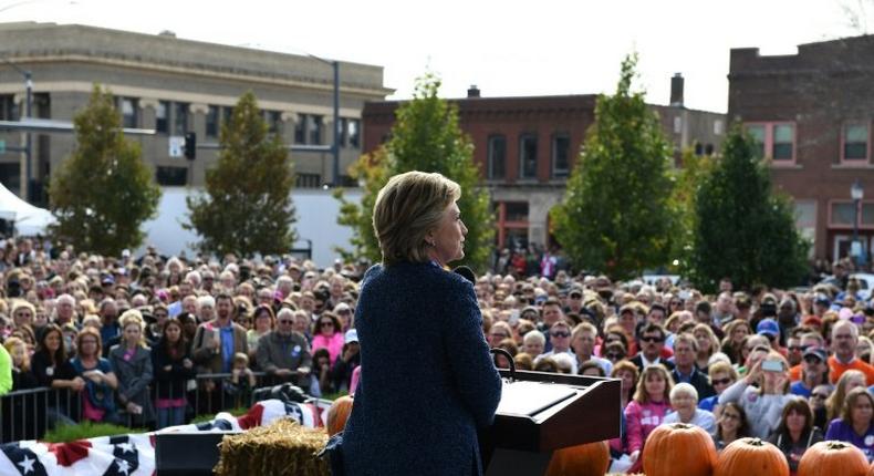 US Democratic presidential nominee Hillary Clinton speaks at a Democratic party Women Win early vote rally in Cedar Rapids, Iowa, on October 28, 2016