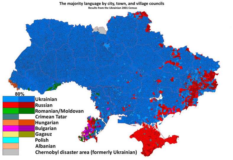 Mapa dominujących języków w ukraińskich regionach