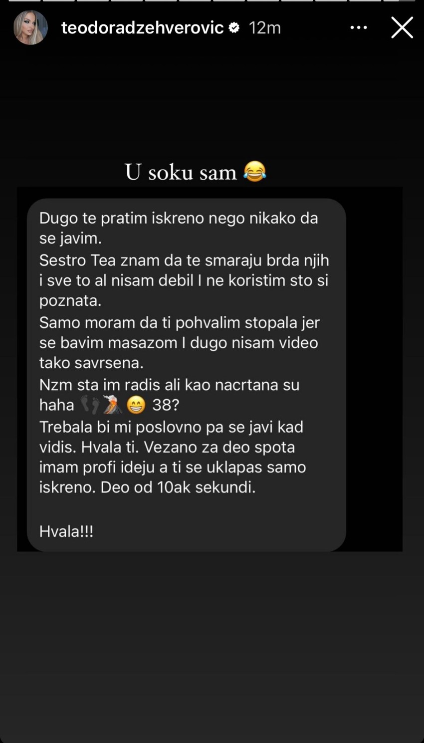 Teodora dobila šok poruku