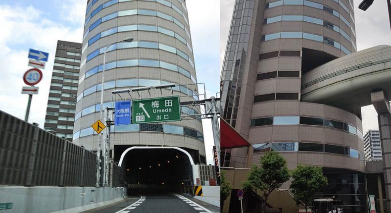 This Japanese building has a highway passing right through it