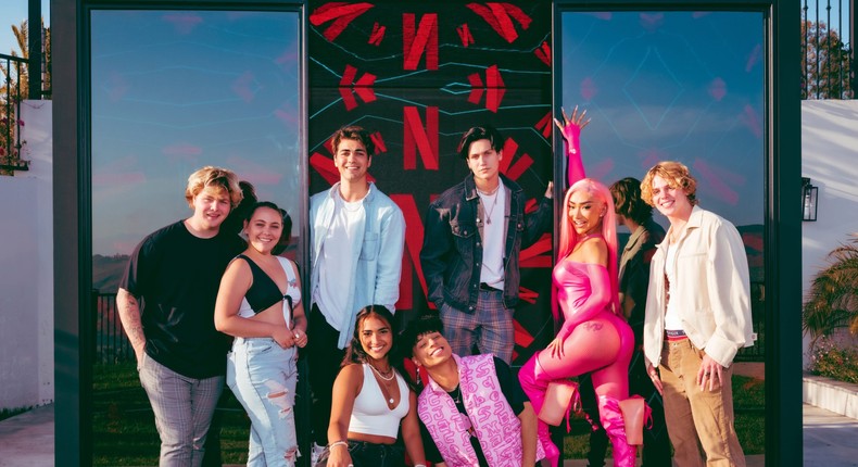 From left to right: Alex Warren, Kouvr Annon, Thomas Petrou, Larri (Larray) Merritt, Chase Hudson, Nikita Dragun, and Jack WrightNetflix