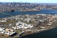 The Rikers Island Prison complex is seen from an airplane in the Queens borough of New York City, Ne