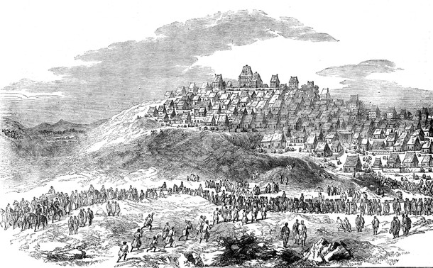 Procesja księcia i księżniczki przechodzi wzdłuż wschodniej strony stolicy Madagaskaru Antananarywy, „Szkice z Madagaskaru, 1858 r.