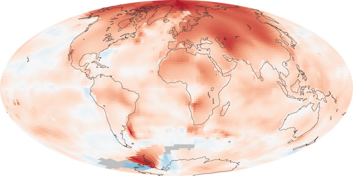 Anomalie temperatury (°C), czyli odchylenia temperatur w latach 2000-2009 od średniej z okresu 1951-1980. Rysunek wykorzystuje dane z naziemnych obserwacji temperatury powierzchni Ziemi (obejmujących pomiary prowadzone przez statki i boje ) zgromadzone w bazie danych NASA GISS, dzięki uprzejmości Roberta Simmona z NASA