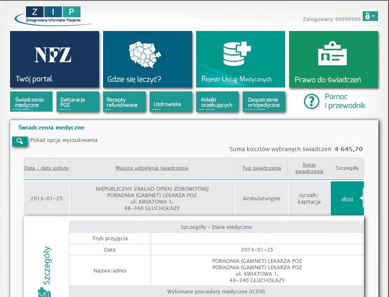 Na stronie systemu ZIP (zip.nfz.gov.pl) dostępne jest demo, które pokazuje, jak wygląda konto każdego pacjenta na tej platformie.