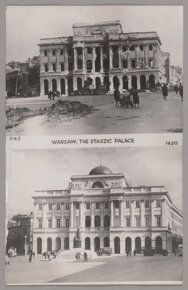 Pocztówka, Pałac Staszica w 1945 i 1950 r., autor nieznany, Muzeum Warszawy