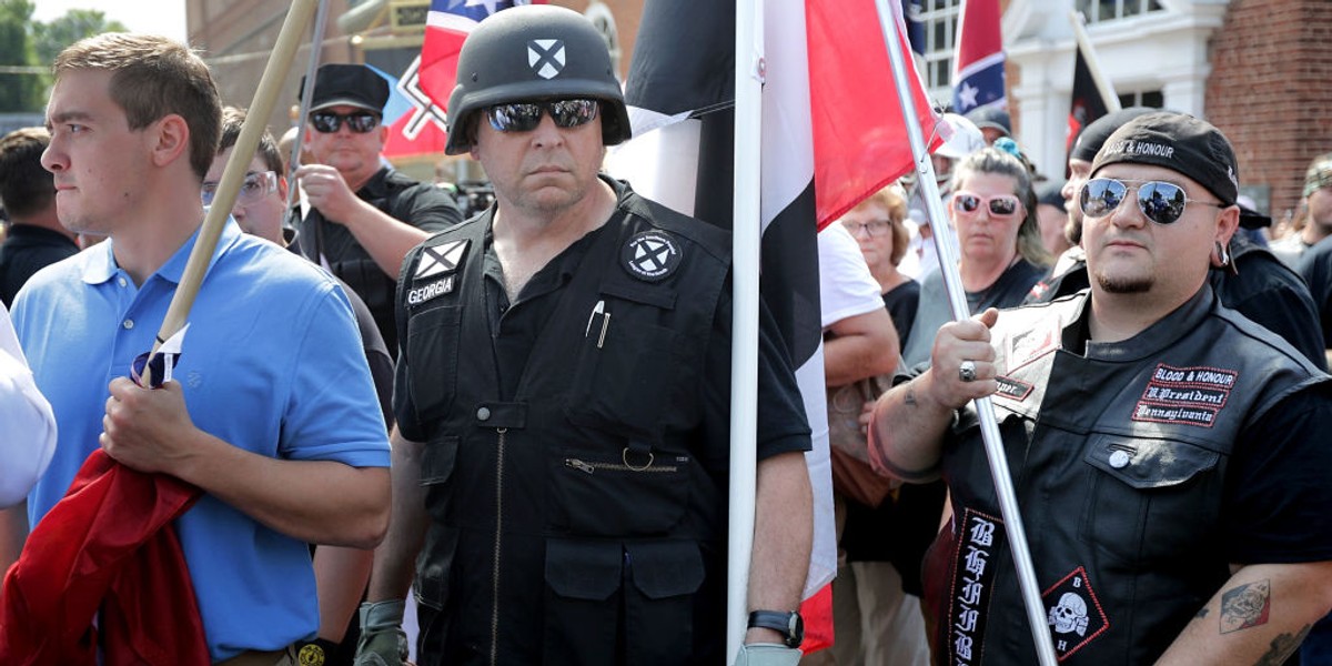 Hundreds of white nationalists, neo-Nazis, and members of the "alt-right" at the "Unite the Right" rally in Charlottesville, Virginia, August 12, 2017.