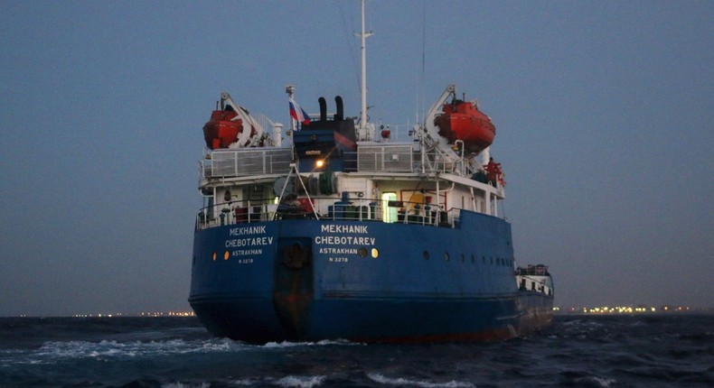 A Russian-flagged oil tanker is seen in Tripoli Naval Base after coast guard of the central region guards captured it, September 16, 2015.