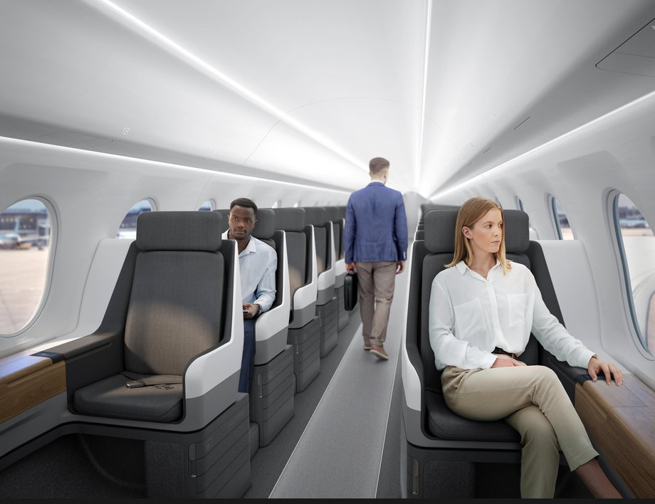 Wnętrze naddźwiękowego samolotu Boom z fotelami w układzie 1+1