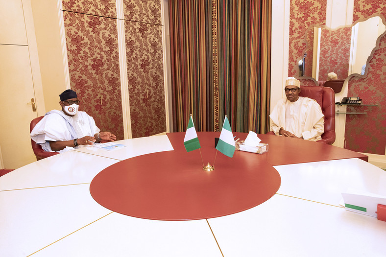 President Muhammadu Buhari meets with Governor Rotimi Akeredolu of Ondo State at the Presidential Villa, Abuja on Tuesday, June 16, 2020. [Twitter/@NigeriaGov]