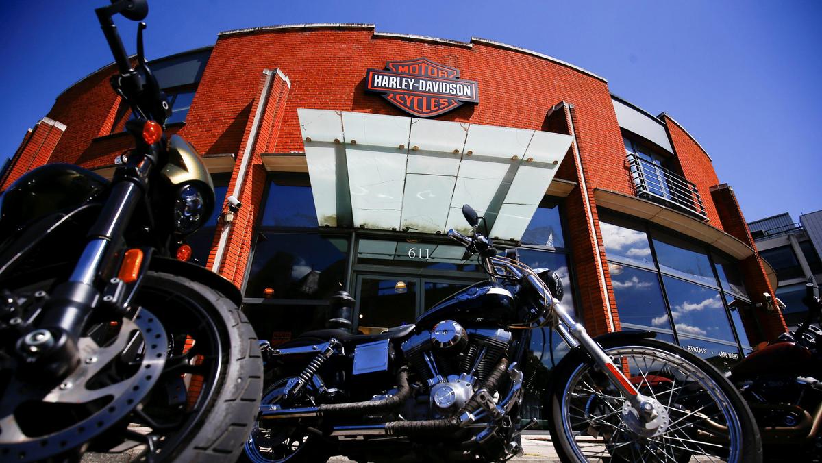 Harley Davidson motorcycles are displayed for sale at a showroom in London